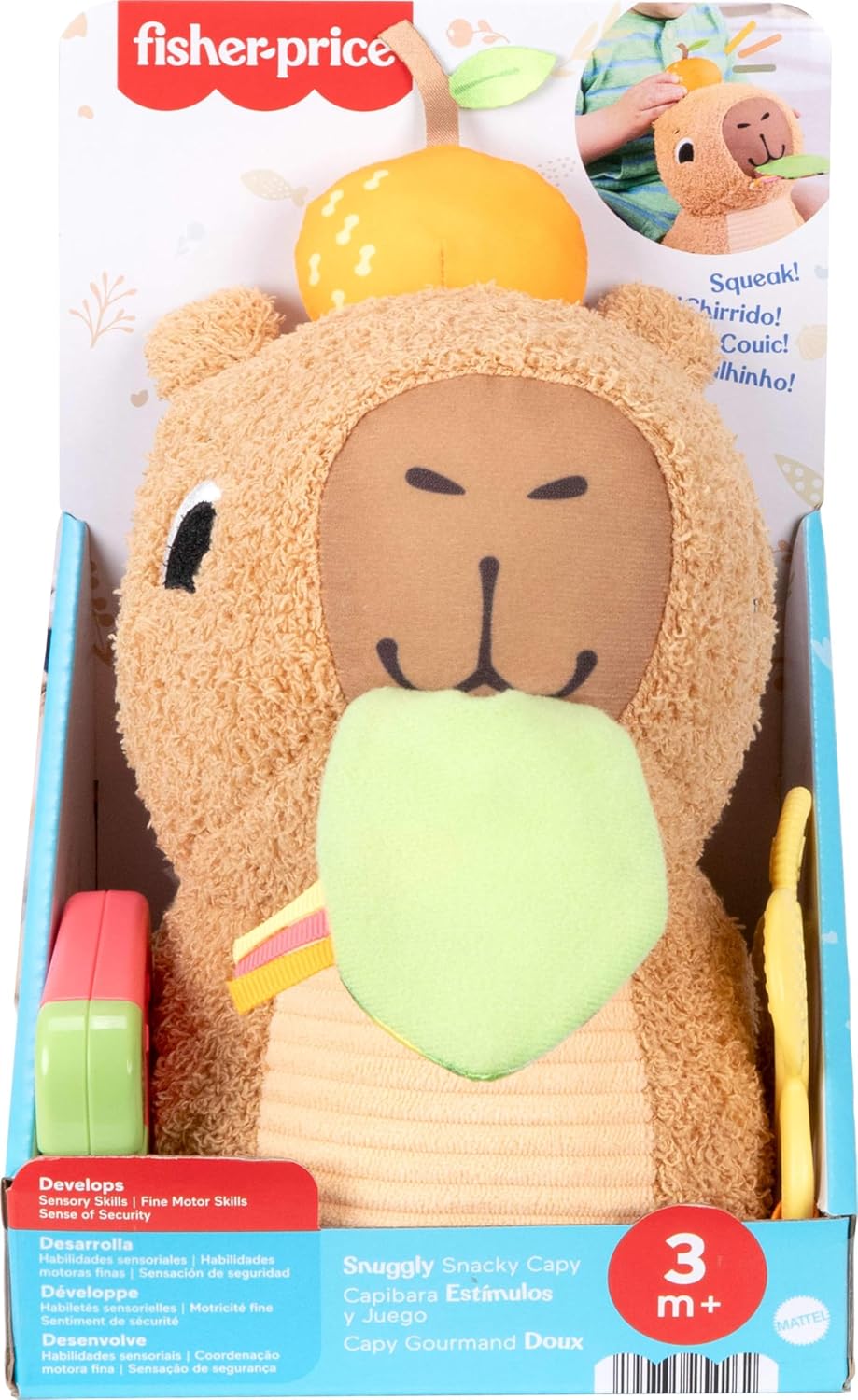 Fisher-Price Baby Sensory Toy Snuggly Snacky Capybara Plush with Newborn Teether & Rattle